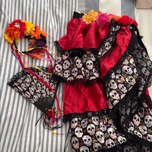 Red and Black Skull skirt Halloween day of the dead w/ headband and fan